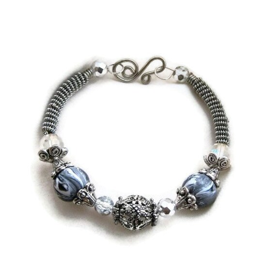 Silver Wire Wrapped Bracelet with Grey and White Marbleized Polymer Beads