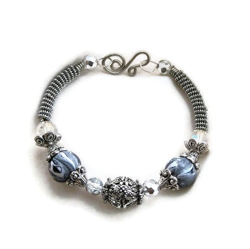 Silver Wire Wrapped Bracelet with Grey and White Marbleized Polymer Beads
