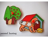 Vintage Wooden Puzzle Magnets - Dog and House & Tree