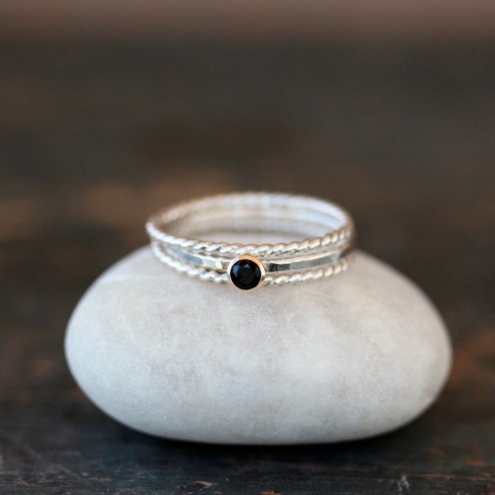 Stacking Rings Black Spinel Gemstone Solitaire Sterling Silver Twist 14k Gold Set Three Bands Mixed Metal Handmade Jewelry