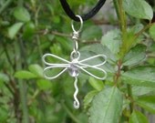Dragonfly Pendant With Amethyst Stone Bead Sterling Silver Wire - Dragonfly Necklace - Girls Jewelry