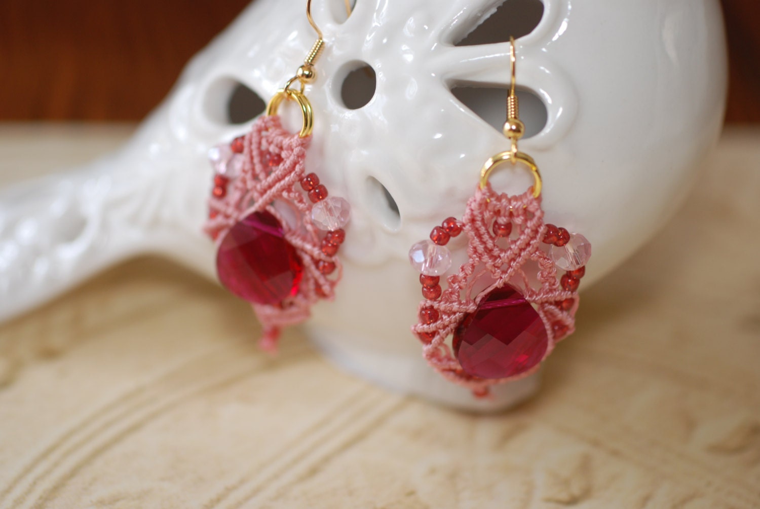 Micro Macrame Earrings with Ruby Swarovski Briolette