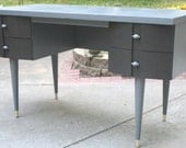 Gray and Charcoal Black Mid Century 4 Drawer Desk