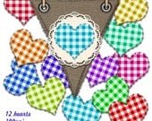 Instant Download, Gingham Check Stitched Hearts Clip Art Set, PNG Files, Downloadable Graphics