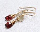 Isis Earrings - grey moonstone and red garnet 14K goldfill wire wrapped