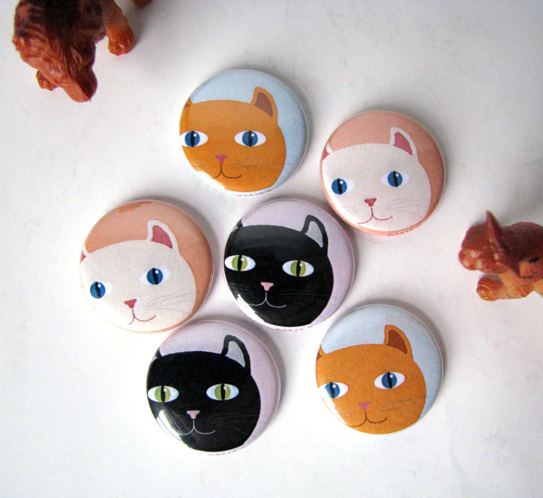 Cats - Peeking Cat Heads - Magnets or Buttons (set of 6)