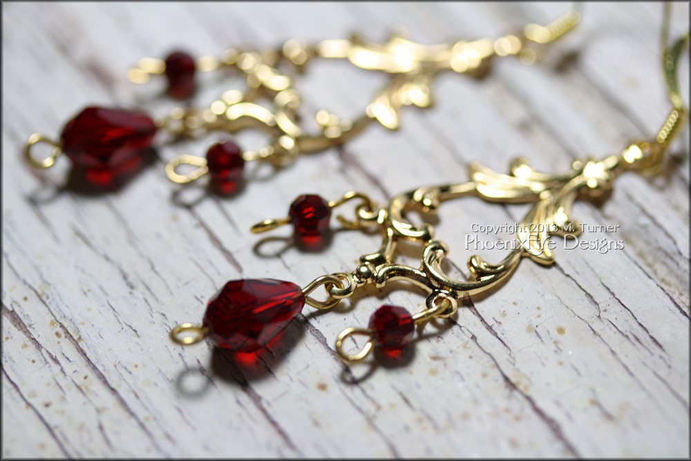 Ruby Red Gold Chandelier Earrings Gold Plated  Swarovski Crystal Siam Bollywood India Indian Bali Style