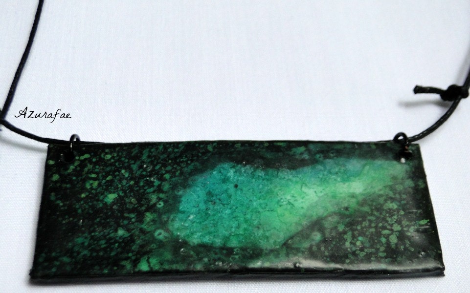 Green Galaxy Watercolor Painting Paper Necklace OOAK