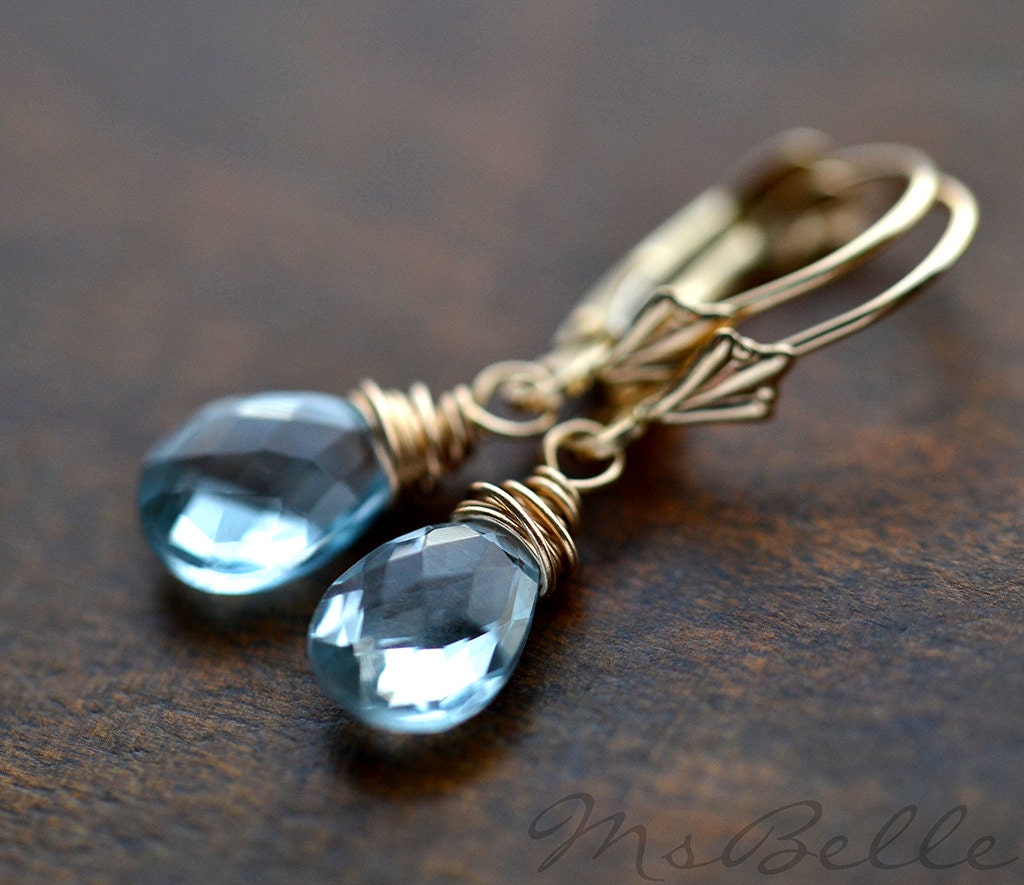 AAA Sky Blue Topaz Briolette Earrings in Solid 14K Yellow Gold - Blue Gemstone Gold Jewelry