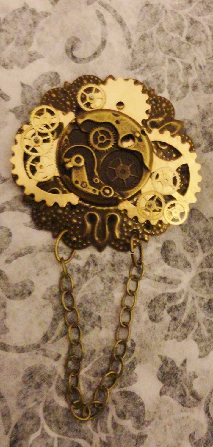 Steampunk Brooch Hat Pin Lapel Pin Shawl Pin Bronze Brass Watch Gears