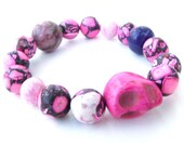 Fuchsia Pink Jaguar Pattern Stone Stacking Bangle - Magnesite, Howlite, Riverstone, Jade, and Jasper w/ Sugar Skull