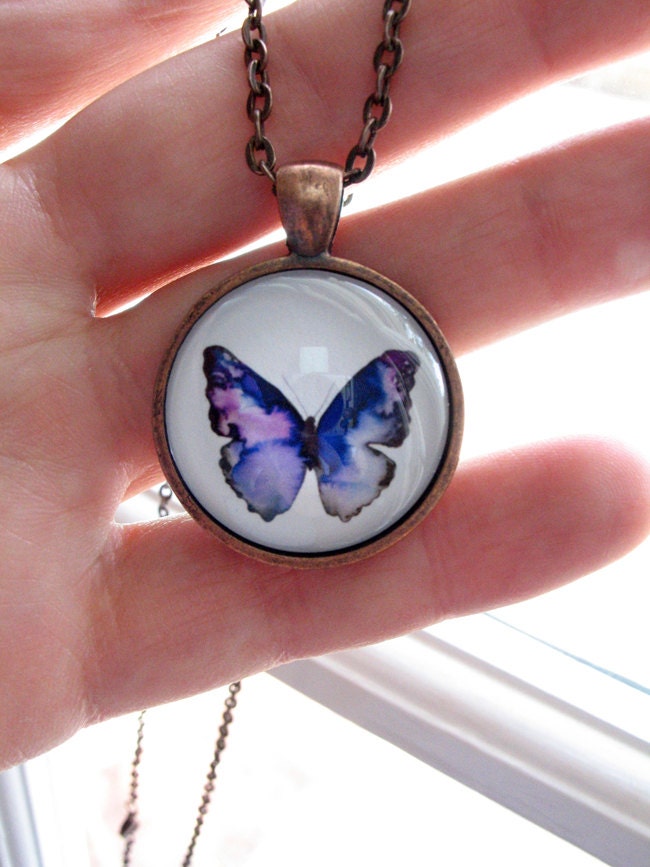 Blue Violet Butterfly - mini print necklace pendant and chain