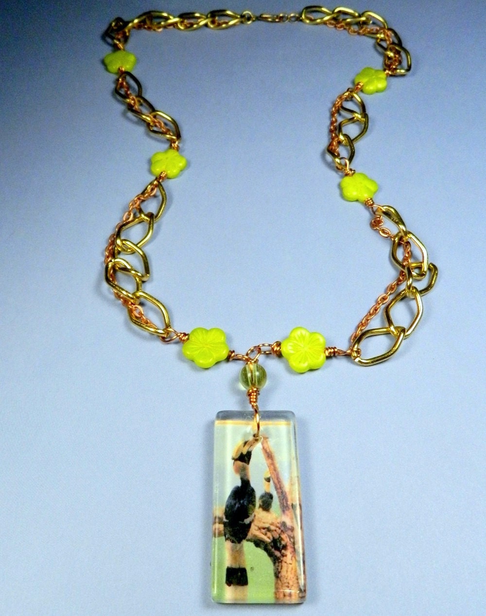 Yellow Hibiscus Flower & Great Hornbill Bird Necklace - Handmade OOAK Beaded Glass Copper and Gold Photo Jewelry