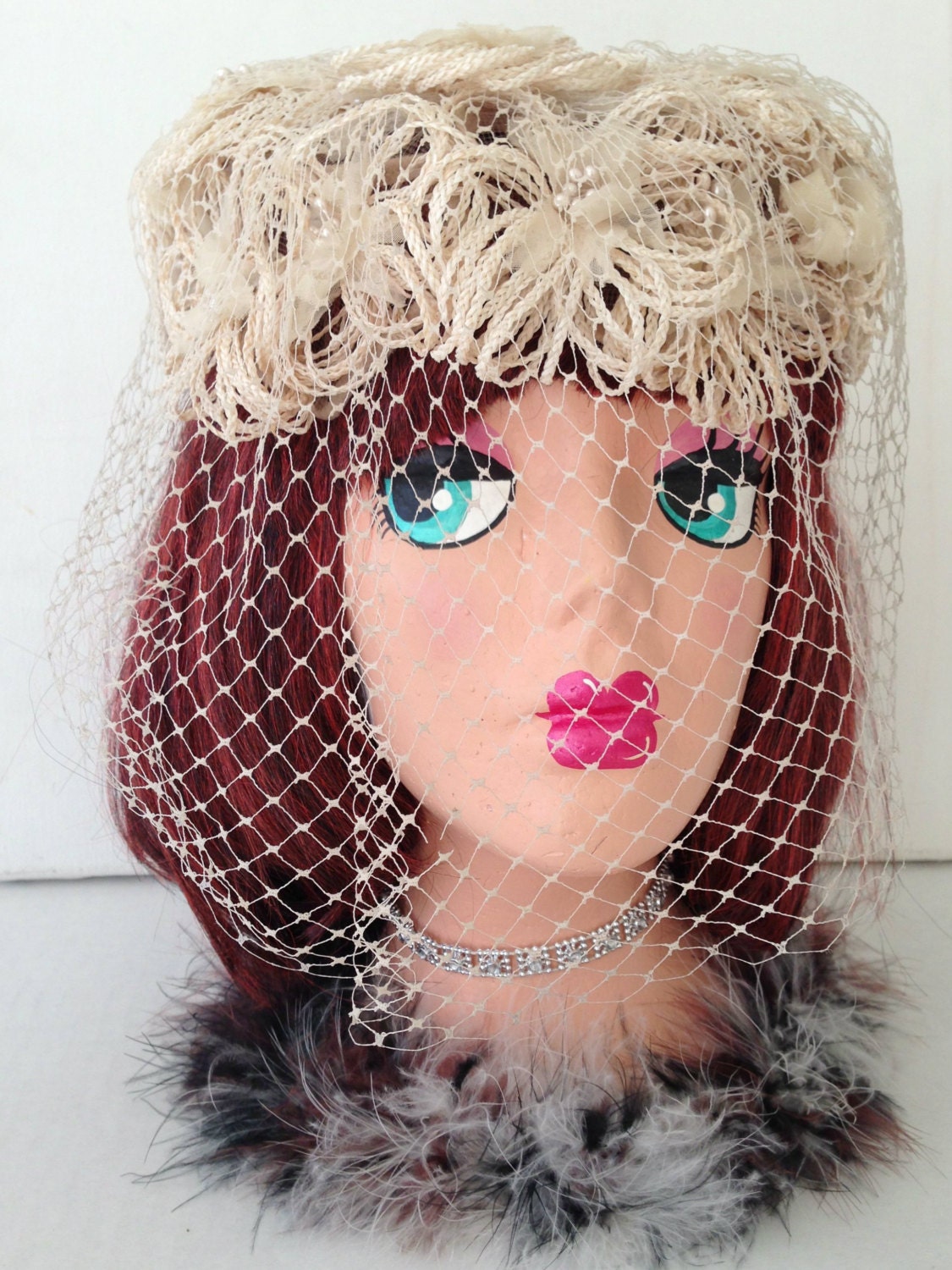 Ivory Pillbox Wedding Hat - Birdcage Veil - Vintage Millinery Flowers - Weddings and Bridal
