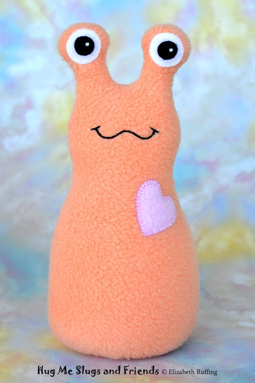 Handmade Slug, Stuffed Animal Plush Baby Doll Art Toy, Hug Me Slug, Personalized Tag, Soft Orange, Light Pink Fleece, 9 inch, Ready-made