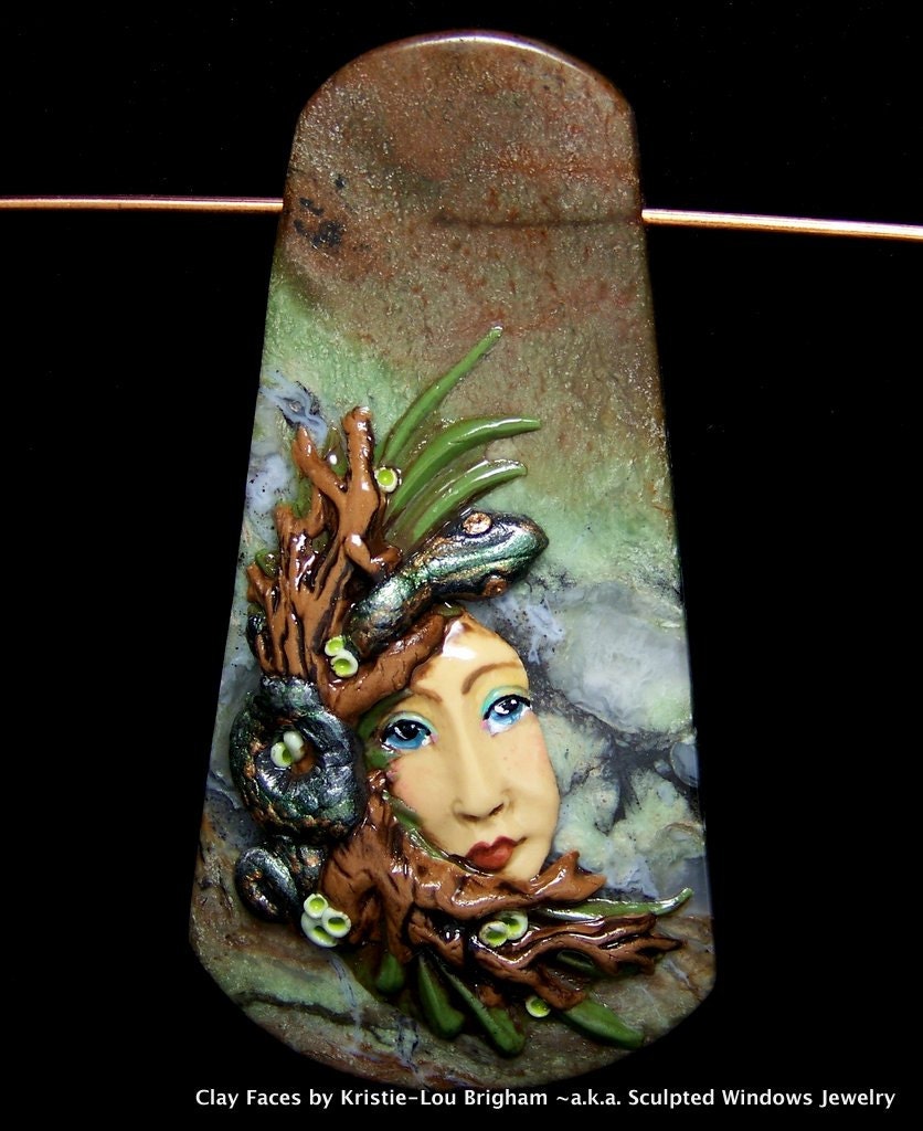 A Snake and a Forest Goddess Face BEAD Green Jade & Polymer Clay face BEAD
