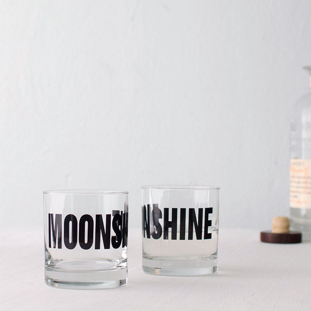 MOONSHINE - hand printed rocks glasses, set of 2
