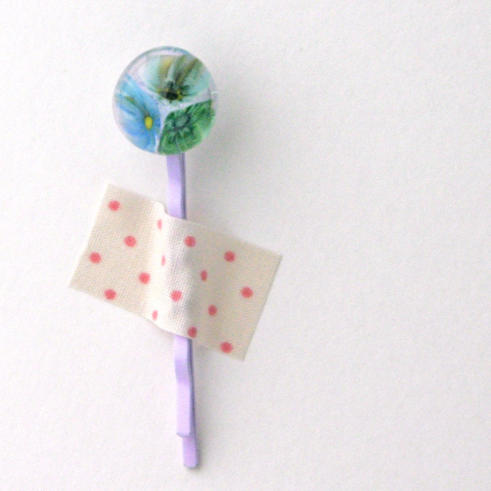 Millefiori Fused Glass Bobby Pin Hair Clip in Blues and Green on Pale Lilac