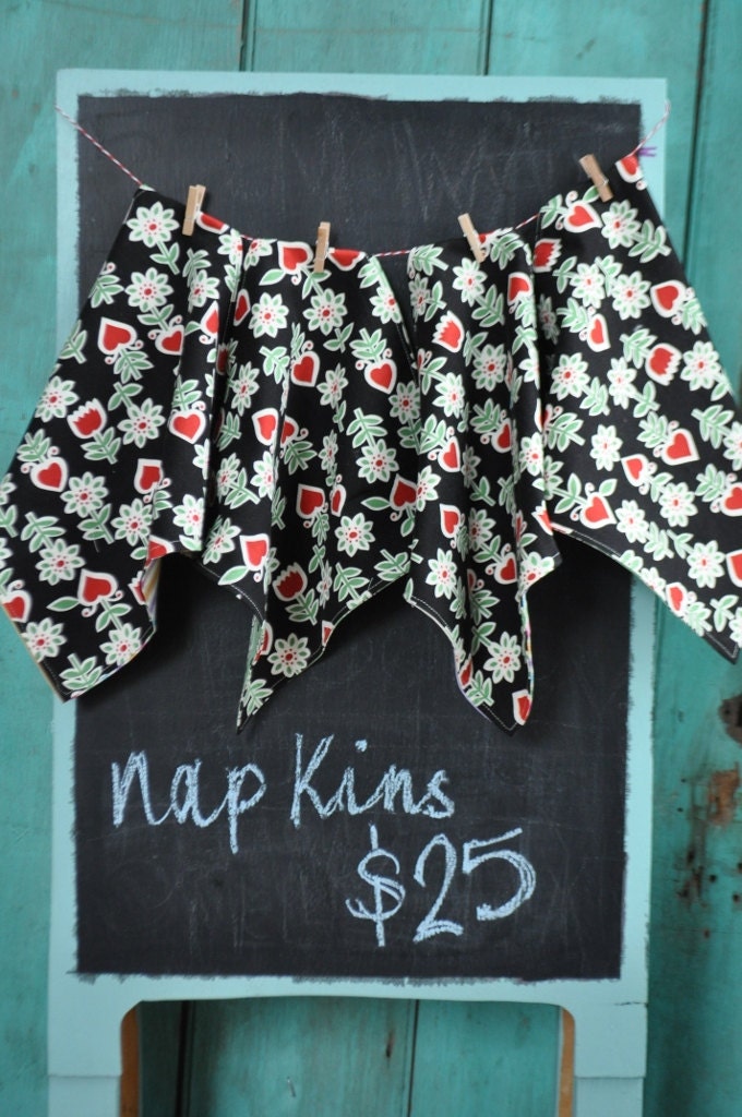 double sided cotton napkins -- set of 4 --  black red green heart flower -- multi color ticking stripe