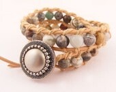 Wrap Bracelet Leather Mixed Gemstone Vintage Button Double