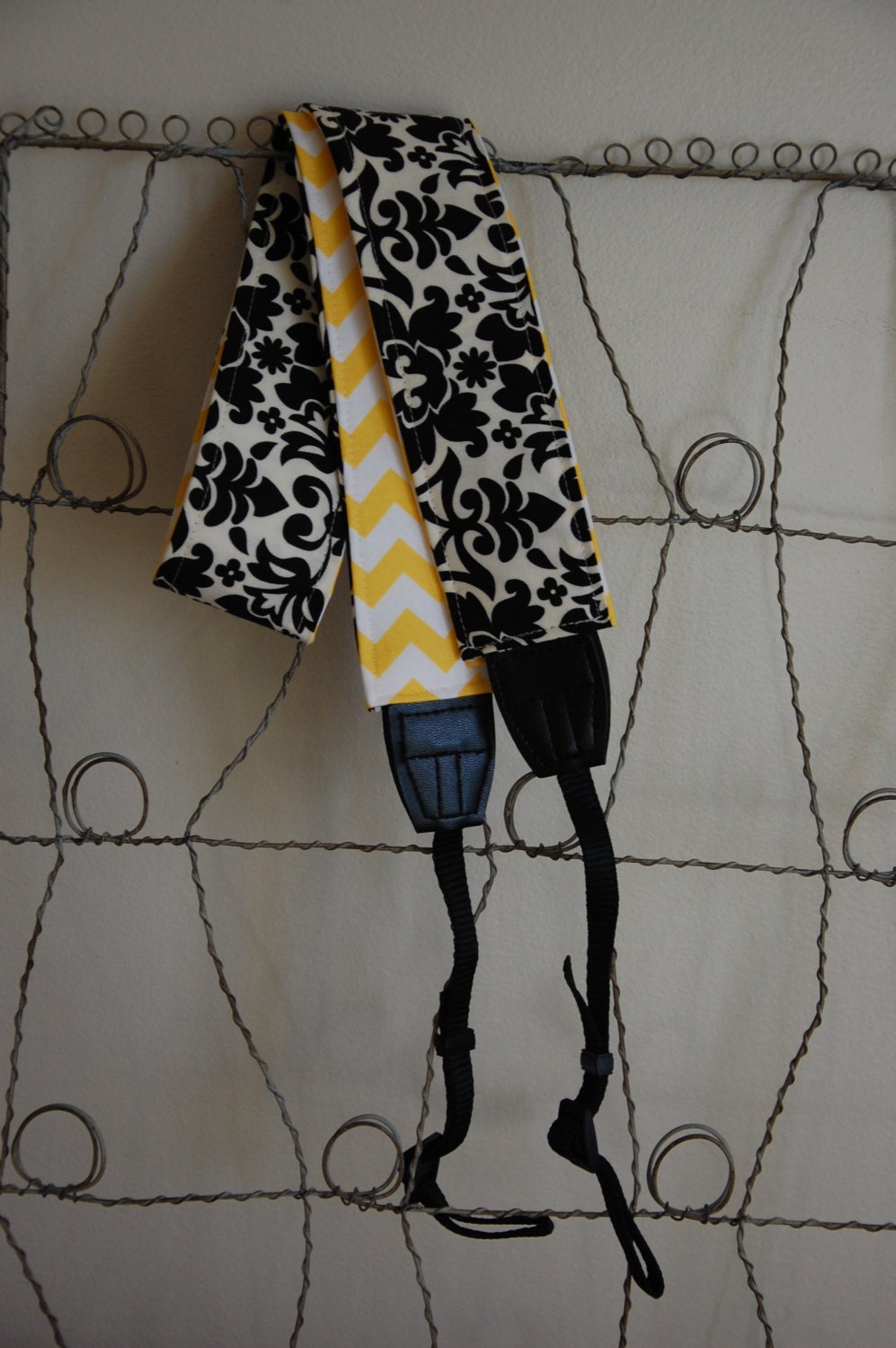 Yellow Chevron and Classic Black and White Damask Reversible Camera Strap