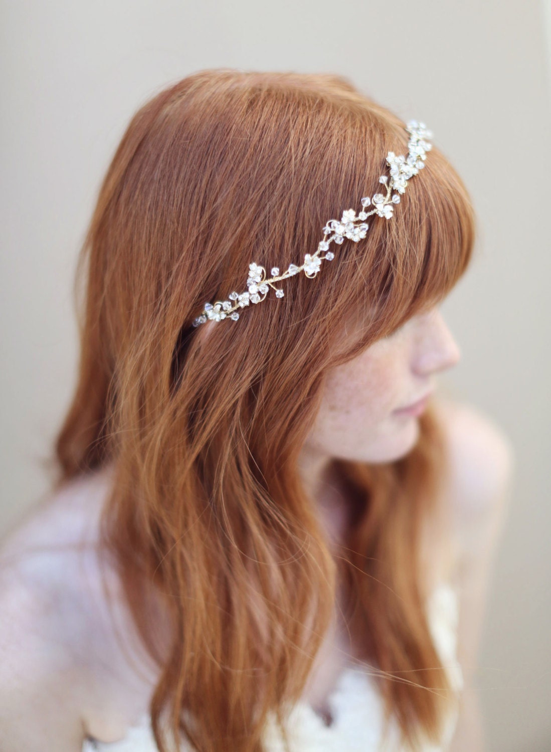 Bridal hair vine, headband, gold and crystal - Enchanted floral and crystal hair vine - Style 335 - Made to Order