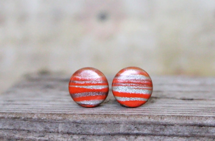 Landscape.  Post earrings. Studs. Earring posts. Polymer clay. Round earrings. Sunset. Sunrise. Orange brown. 15mm
