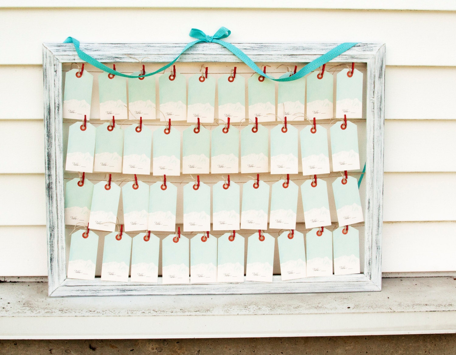 Vintage Mountain Tag Escort Cards in White Wash Frame - Wedding Seating Plan - US Shipping Included
