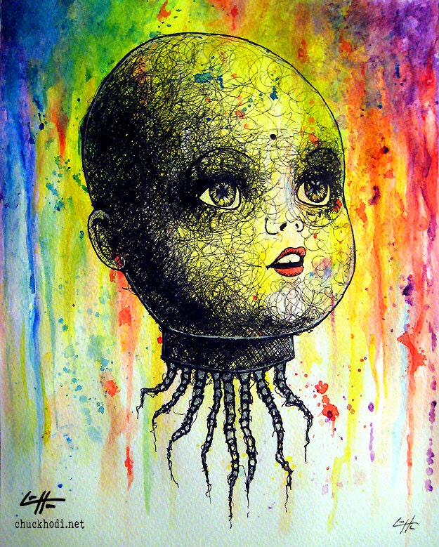 Synthetic Doll - Original - Painting Watercolor Ink Cute Creepy Dark Art Horror Haunted Psychedelic Gothic Monster Zombie Love Robot Android