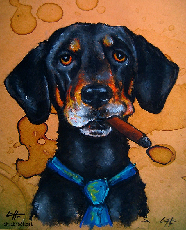 Stogie the Dog - Original Drawing - Pets Animals Cigar Tie Cute Puppy Puppies Dogs Cute Portrait Cigarette Love Gift Pop Art Adopt