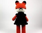 stuffed plush toy, amigurumi crochet doll, woodland fox animal in black dress .. little mabel