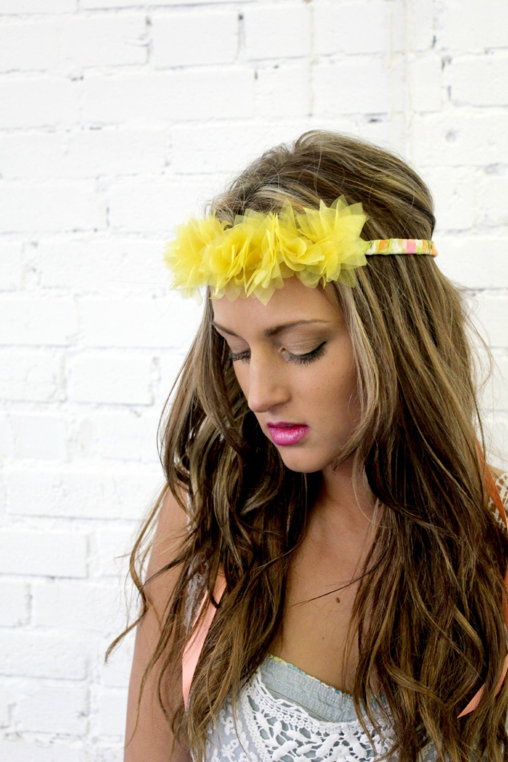 Organza Flower Crown Headband with Ribbon Closure