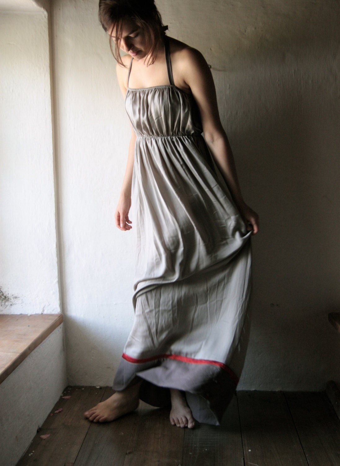 Draped Maxi Dress - grey floor length halter tunic dress - gathered satin chiffon gown