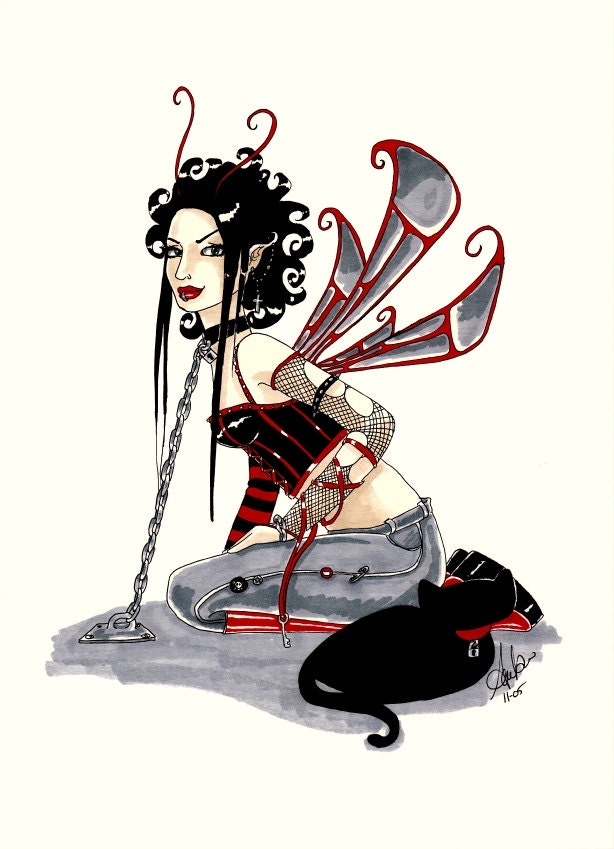 Original Artwork Ink & Marker Fairy on a Leash by Amber Hooper inspired by Korn