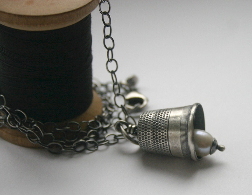 Sterling Silver Antique Thimble Bell Pearl Necklace