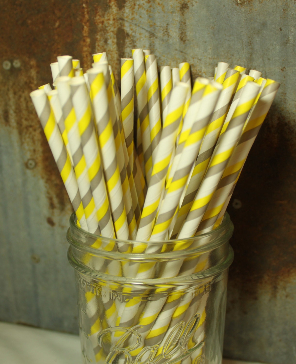 Grey and Yellow Paper Straws Set of 20 stripes Il_570xn