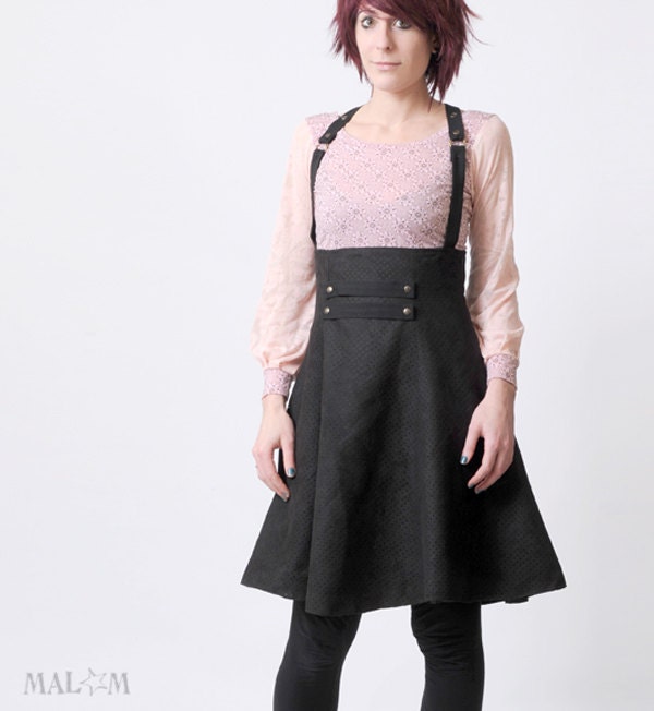 High waisted skirt with suspenders - Perforated black faux suede - Size M