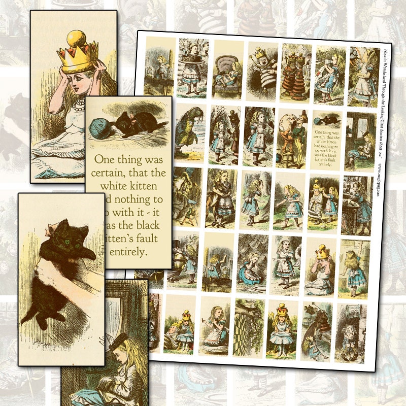 Alice in Wonderland Through The Looking Glass Color Domino Digital Collage Sheet 25mm x 50mm 1x2 inch walrus black kitten lewis carroll