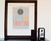 Let's Go Thrifting Printable Poster With Alarm Clock Image Dark Kraft Background in Letter Size