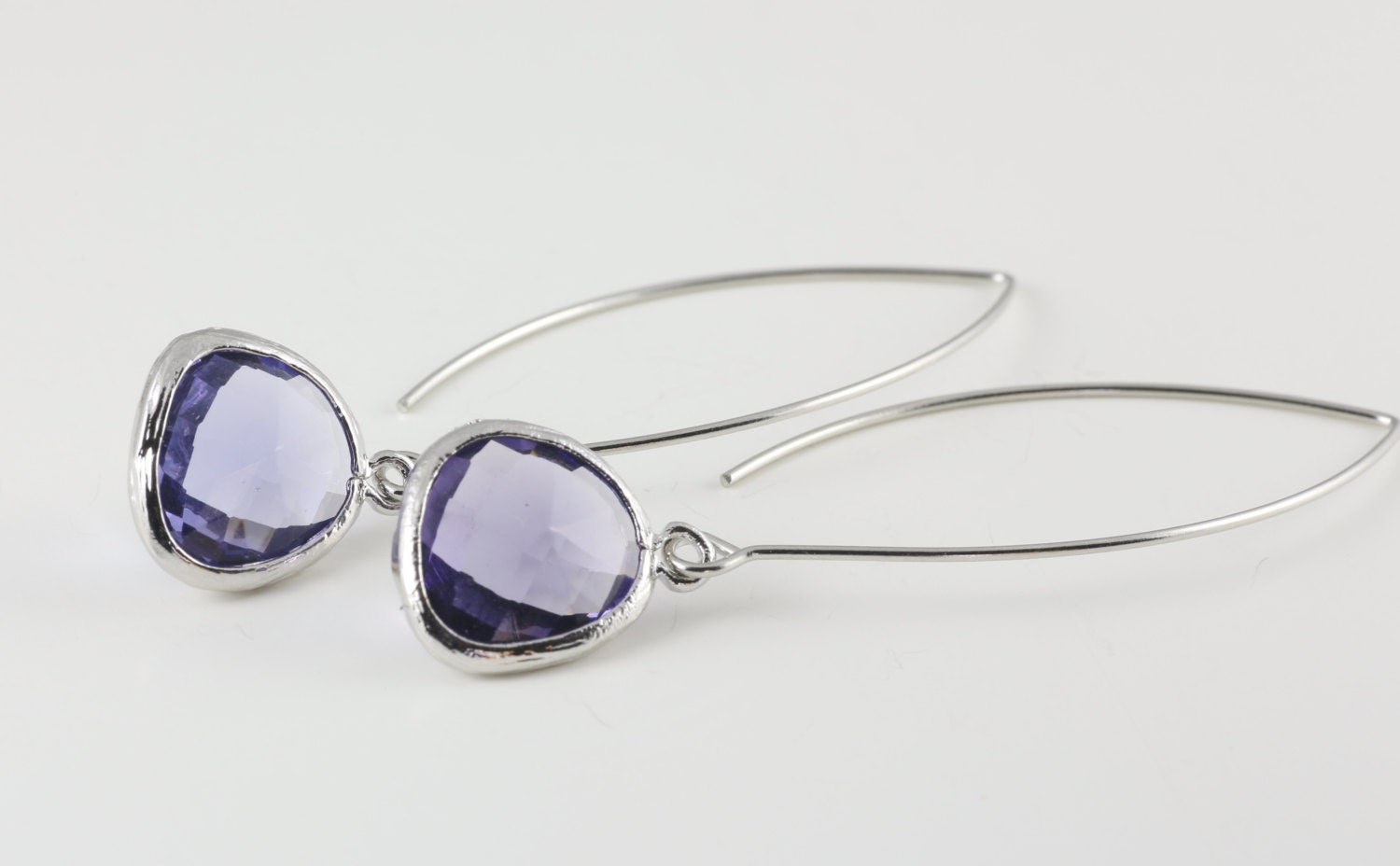 Lilac Glass Earrings, Silver Tone Framed Teardrop Earrings