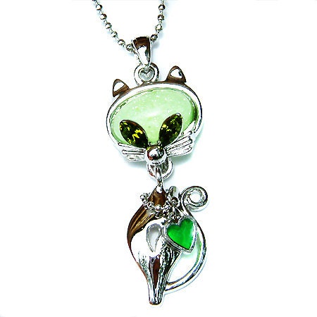 Swarovski Crystal Green Kitten KITTY CAT HEART Pendant Charm Chain Necklace meow Cute Christmas Best Friend Gift New