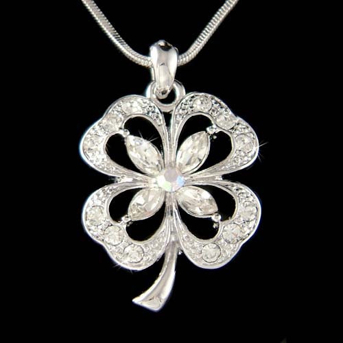 Swarovski Crystal Irish Saint St Patrick's Day Lucky Clear Four Leaf CLOVER SHAMROCK Pendant Charm Chain Necklace New Christmas Gift