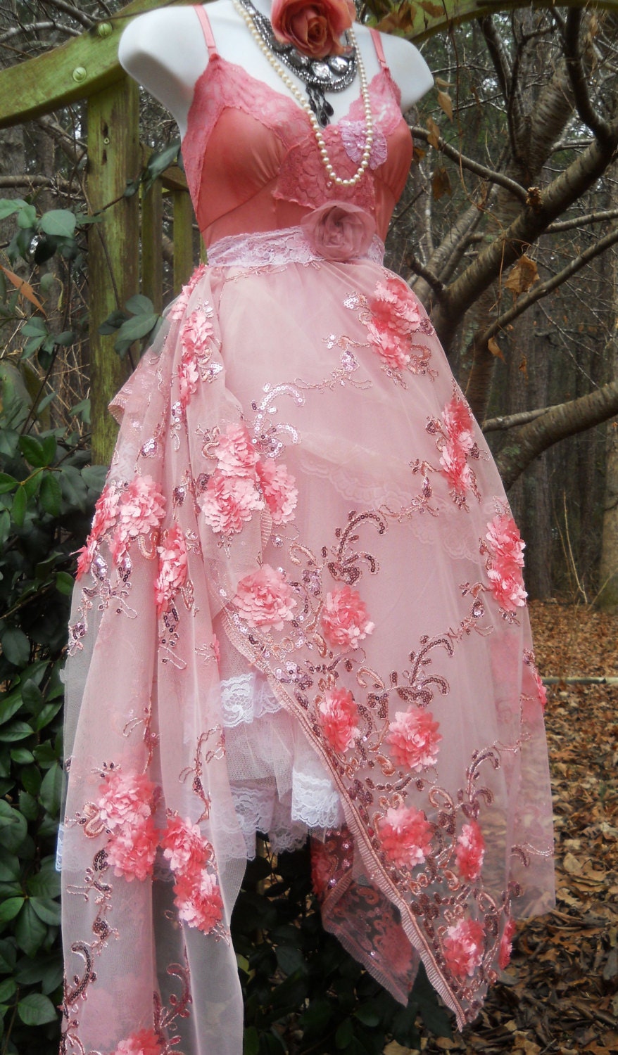 Pink party dress roses beading  sparkle boho bohemian  medium  by vintage opulence on Etsy