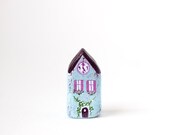 RESERVED for Micki - Little Home No 382 - Little clay house - light blue with shutters, pink flowers, clock and dark purple roof