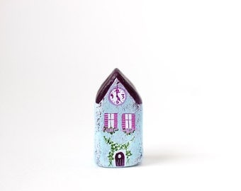 RESERVED for Micki - Little Home No 382 - Little clay house - light blue with shutters, pink flowers, clock and dark purple roof