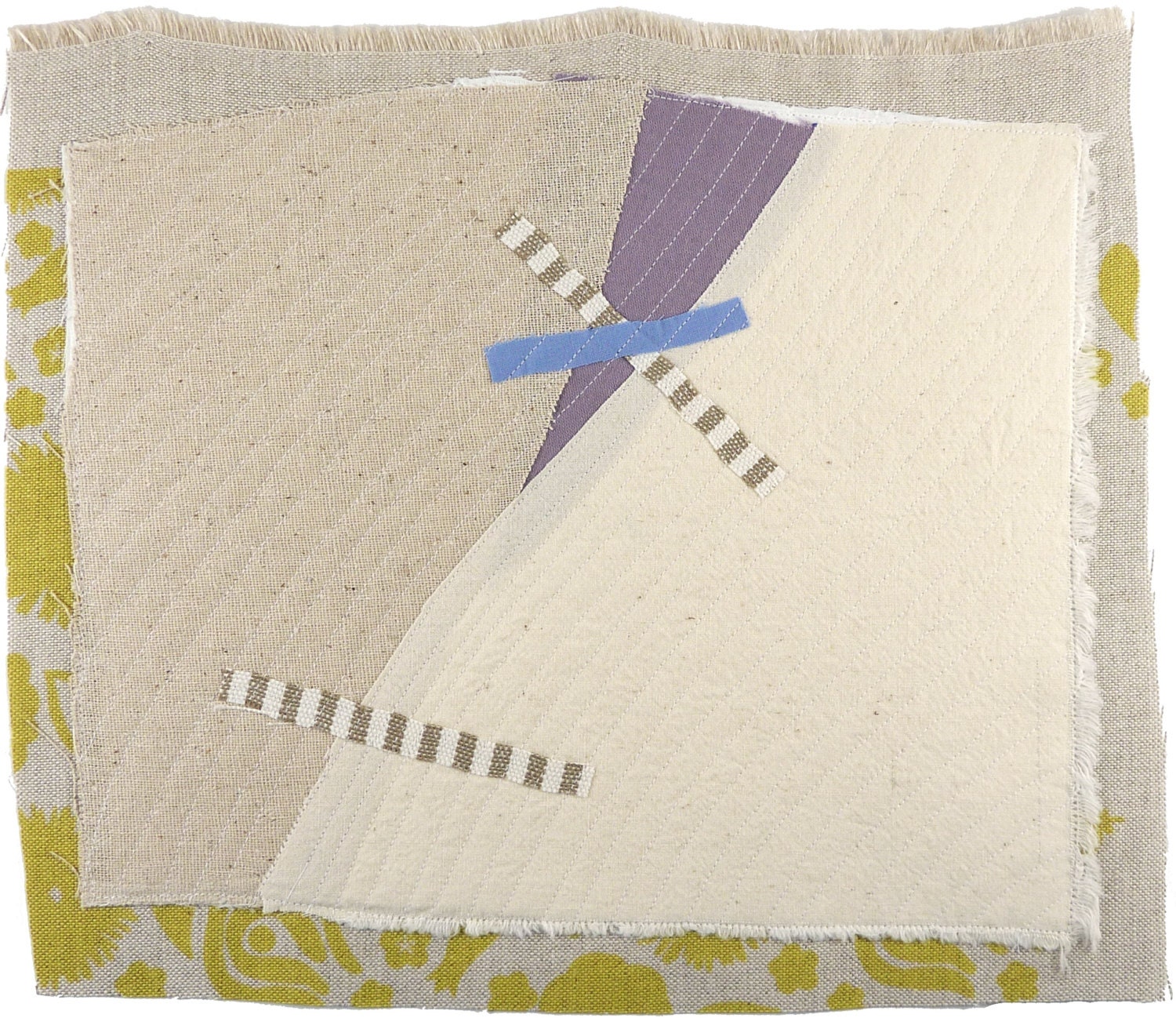 2.7.2013 small art quilt, contemporary, abstract, textile drawing, haiku, beige, lavender, citron, cream, marriage