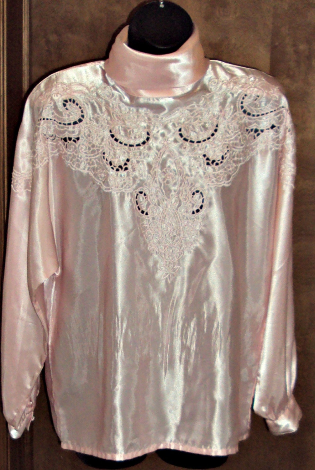 Vintage Women Sz 10 Maurada LS Satin Blouse Cutout Floral Embroidery Beads High Neck Victorian Style Secretary Shirt