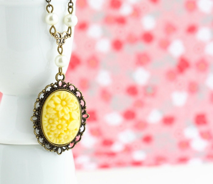 Yellow Floral Cameo Necklace, Brass Necklace, Ivory Pearls