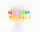 Colorful Gold Leaf Earrings, Summer Earrings, Vibrant Colors, Beaded Leaf Earrings, Charm Earrings, Choose Your Color, Drop Earrings