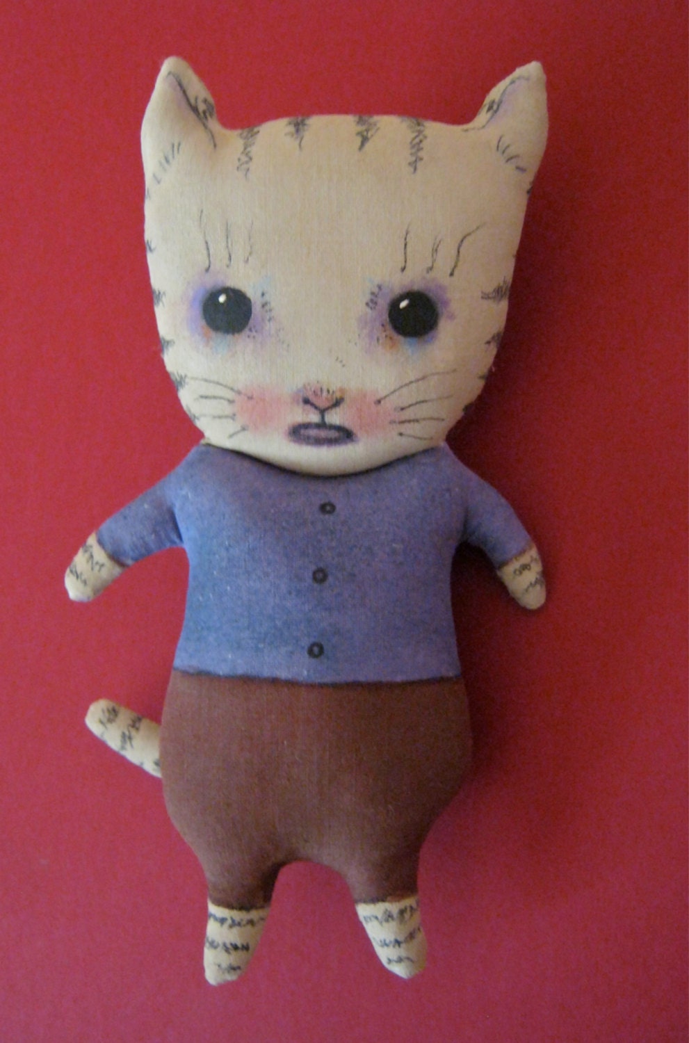 cat art doll ooak- wall art- shelf art- ugly cute- cry baby cat- meow- euc- strange cat